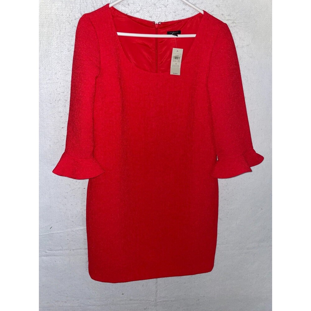 Ann Taylor Women's Red Orange Dress 3/4 Flutter Sleeves Lined Size 4 NWT
